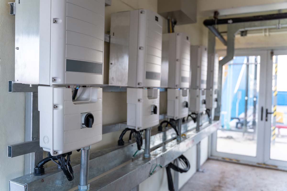 a row of solar batteries in a home