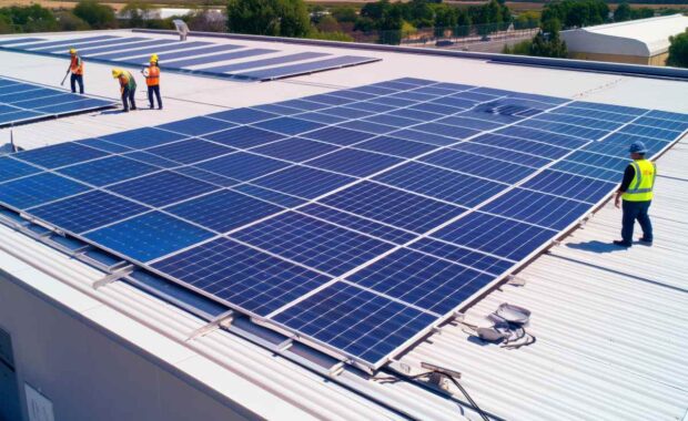 Roof solar installation on commercial building