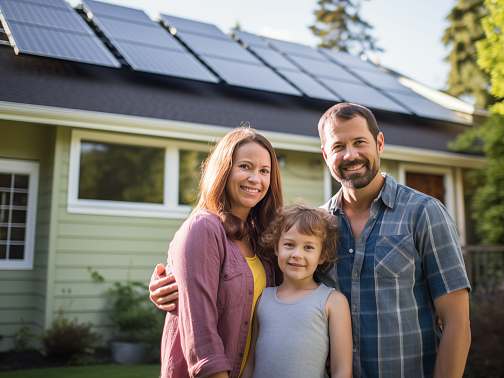 family in front of home with solar panels installed in calvert country maryland