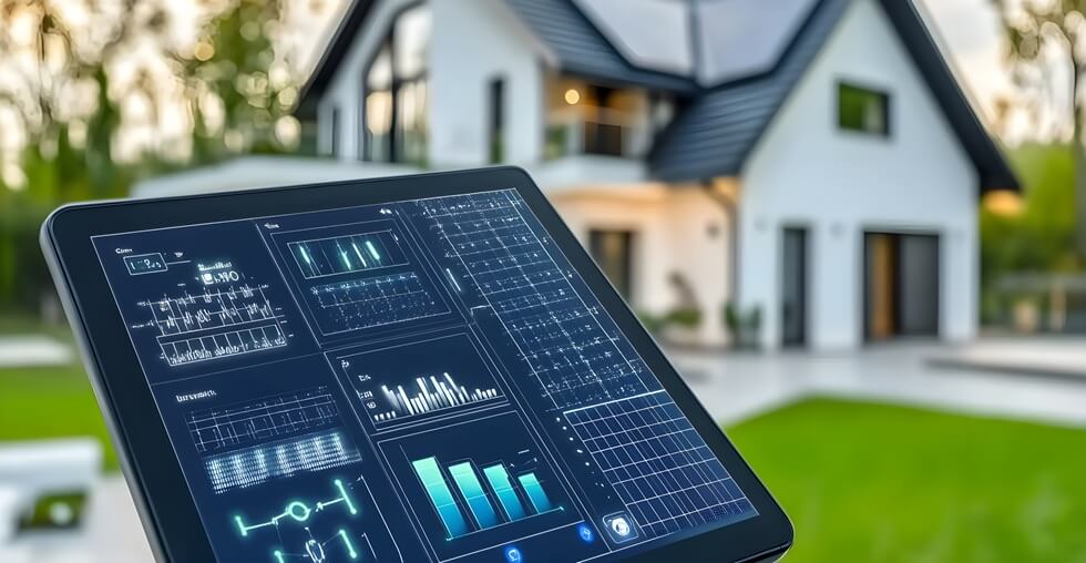 futuristic home energy management system with solar and wind power savings display