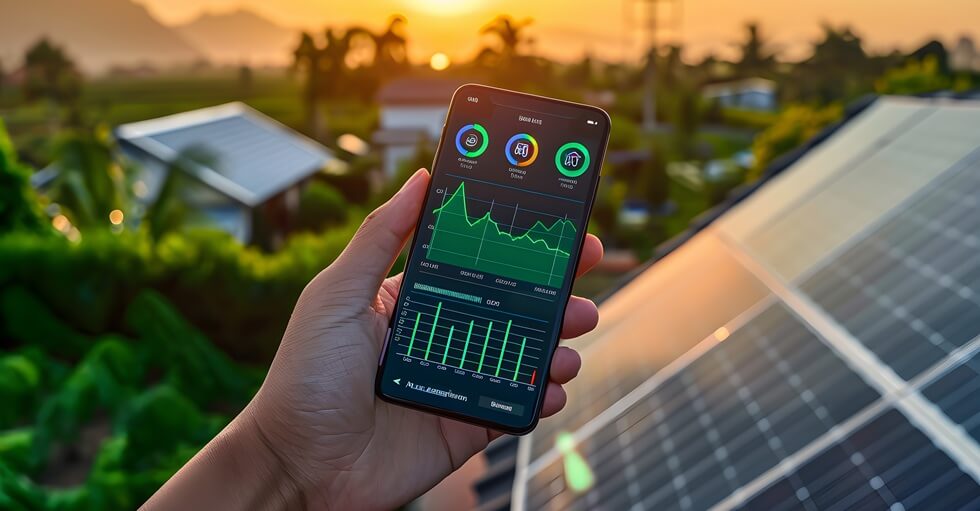 hand holding a smartphone with a green energy monitoring app