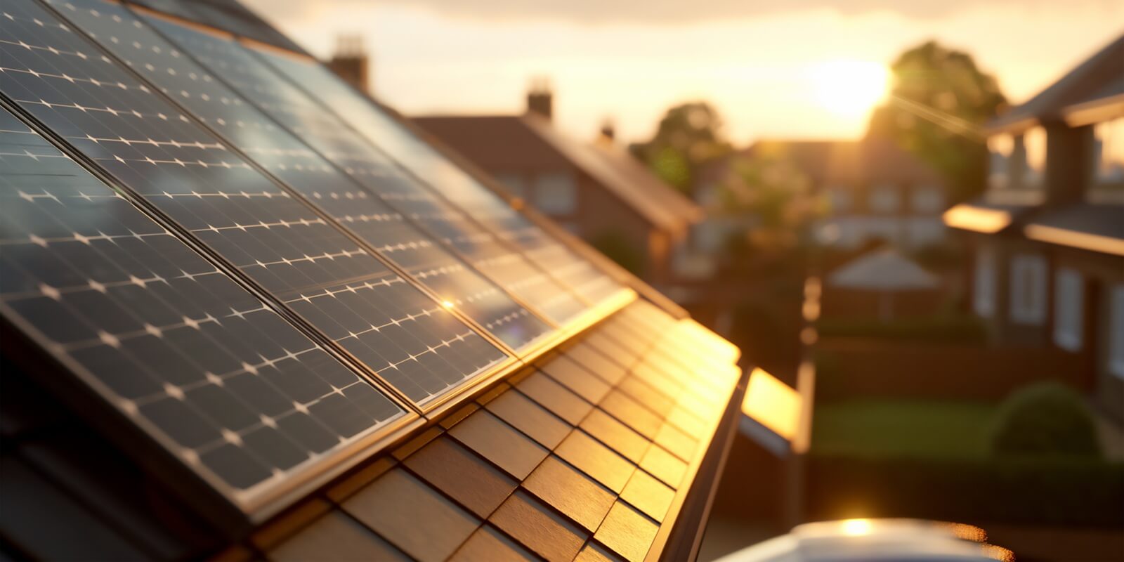 MD solar panels on the roof of a residential urban area at sunset