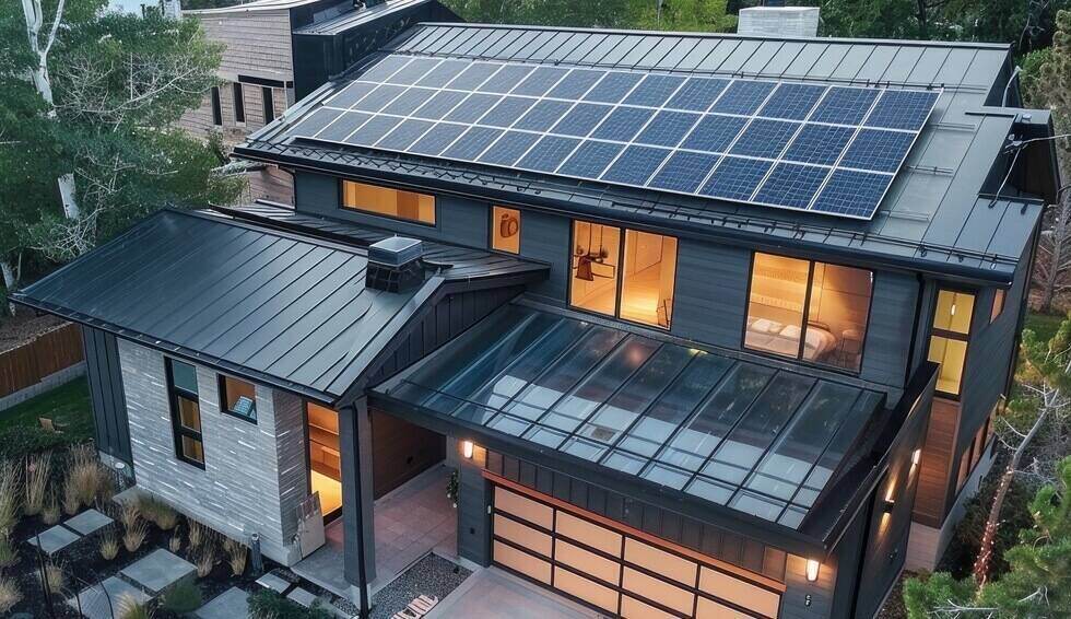 Modern home with solar panels on the roof