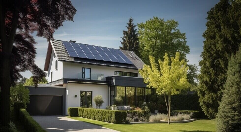 elegant house with solar panels and tree-shaded facade