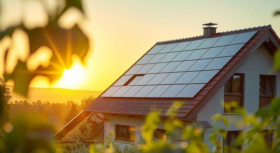 house with solar panels on the roof at sunset