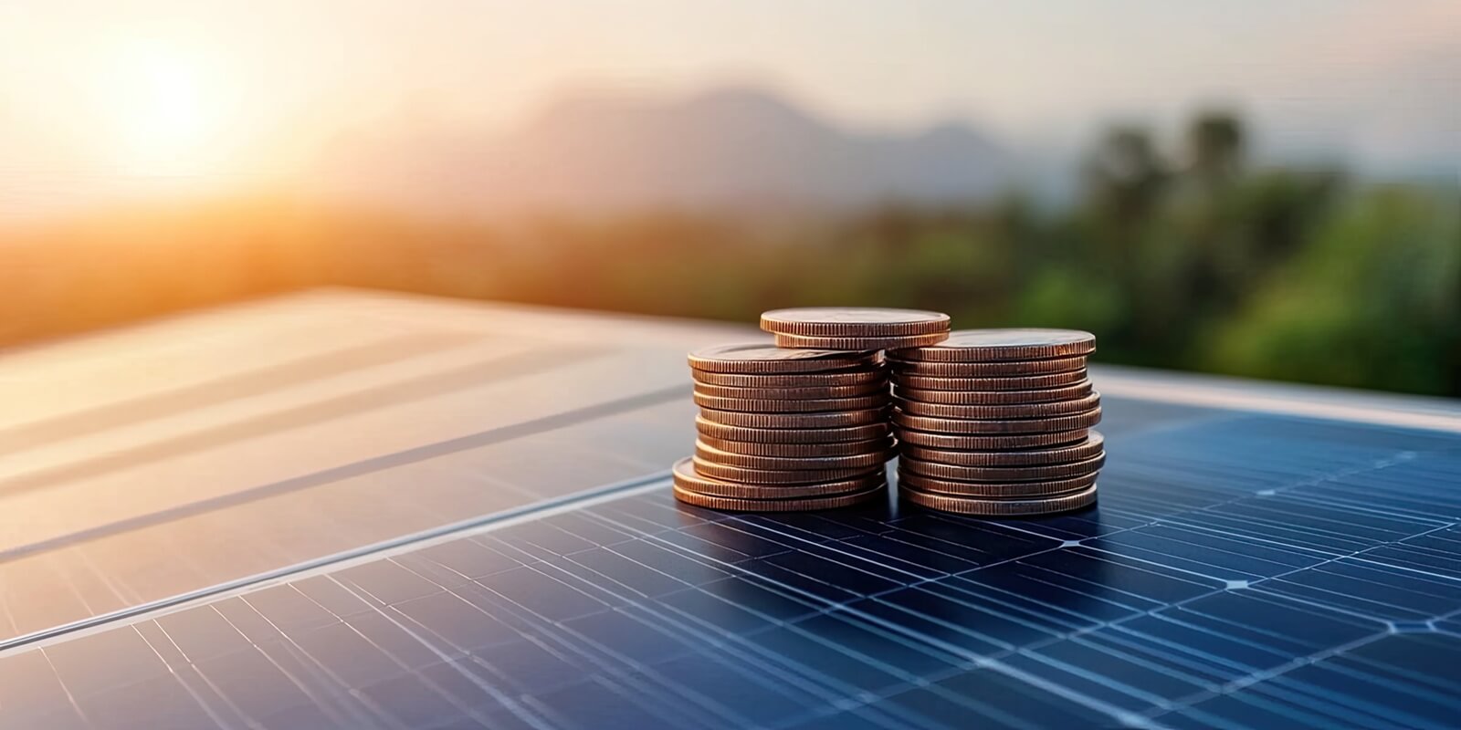 residential solar panel investment symbolized by stacks of coins, reflecting renewable energy's financial benefits in a serene landscape