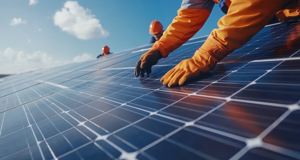 worker installs residential  solar panel on rooftop under clear blue sky in Maryland