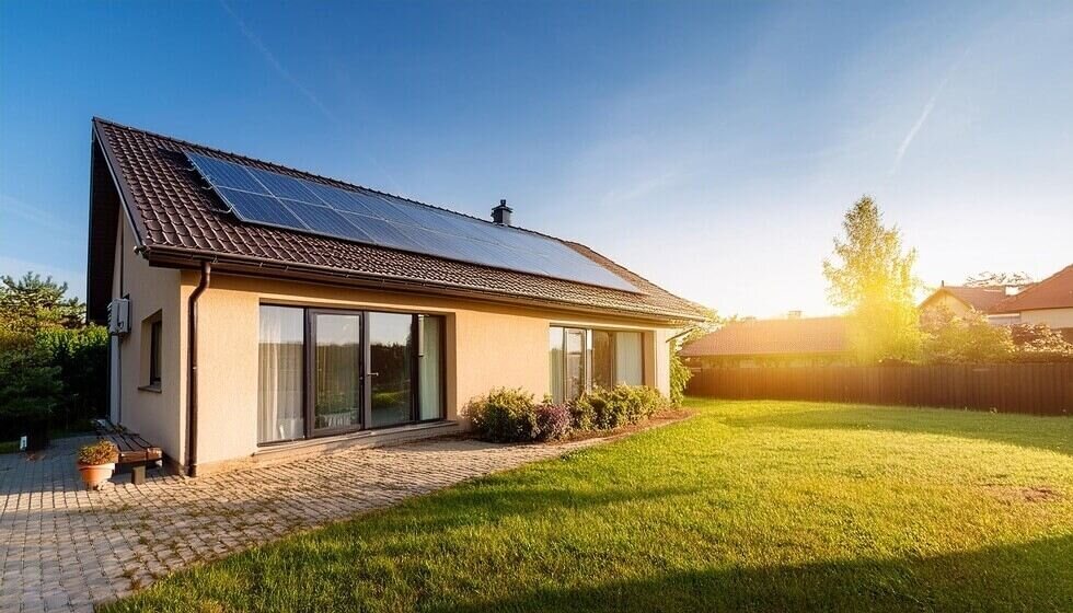 Close-up of new suburban house with a photovoltaic system on the roof