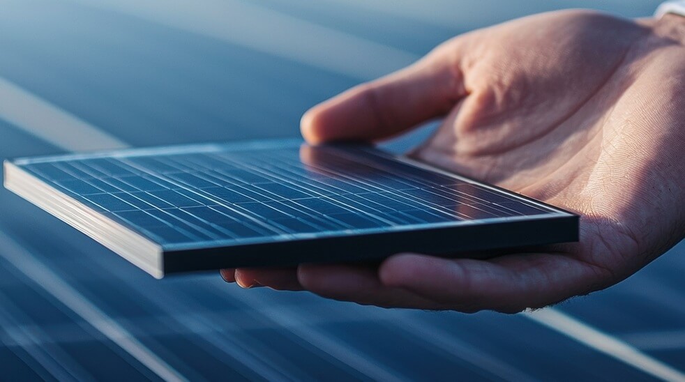 hand holding a solar panel above solar cell array