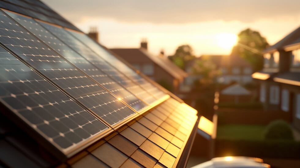 solar panel installation on the roof of a MD  residential urban area at sunset