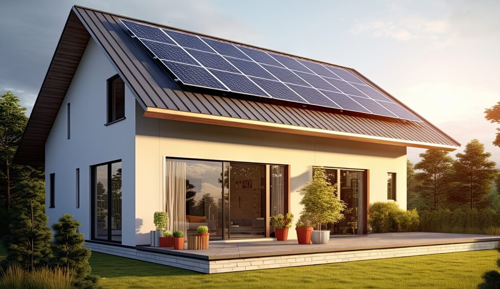 suburban house with a photovoltaic system on the roof