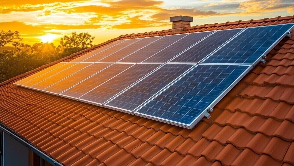 close-up of Maryland residential solar panels on a roof at sunset