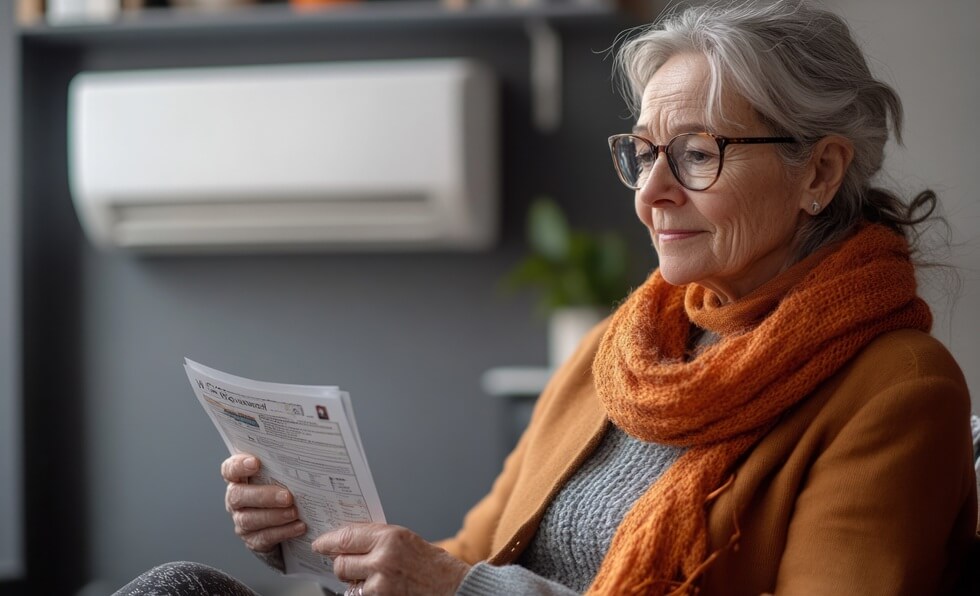 elderly woman reads energy bill near air conditioner in winter wear