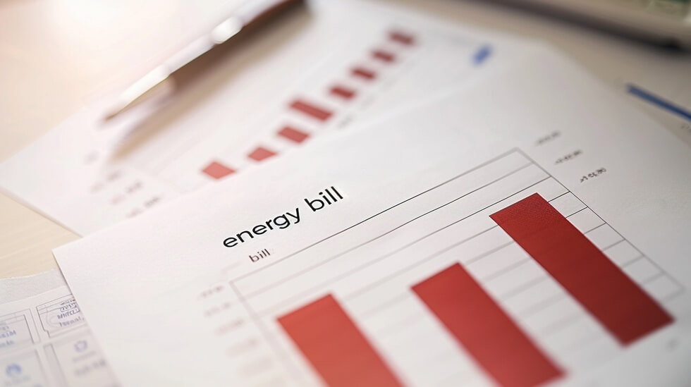 from above energy bill graph on white paper, demand, concept of worldwide rises in energy