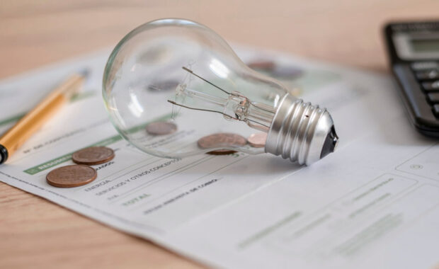 monthly electricity bill with light bulb, several coins, calculator and pen on the desk