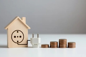monthly electricity bill concept with wooden house next to change