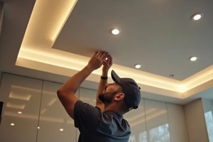 man installs modern ceiling lights in contemporary kitchen