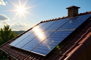 solar panel installed on a rooftop, gleaming under the bright rays of the sun