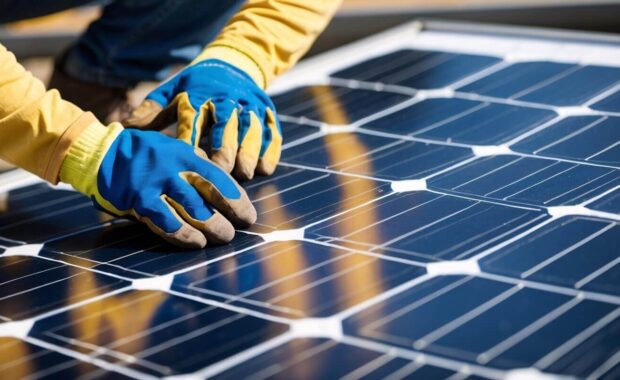 technician handling solar panel installation outdoors