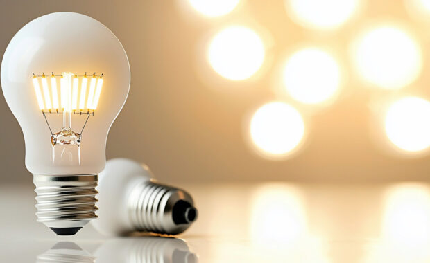 two LED light bulbs on a reflective surface with bokeh background to represent increased Maryland monthly electricity bill