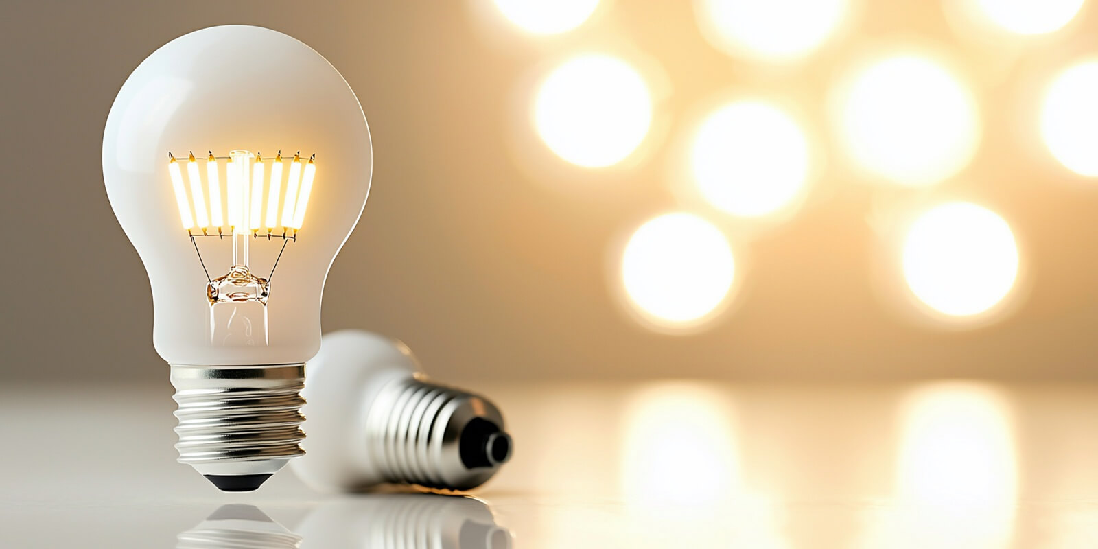 two LED light bulbs on a reflective surface with bokeh background to represent increased Maryland monthly electricity bill