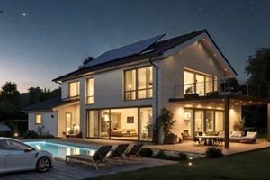 modern luxury house with pool, solar panels, and an electric car at night
