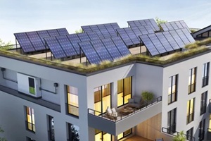 modern residential building with solar panels and storage batteries