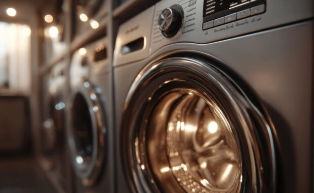 row of modern front-load washers at laundromat that increase kwh usage