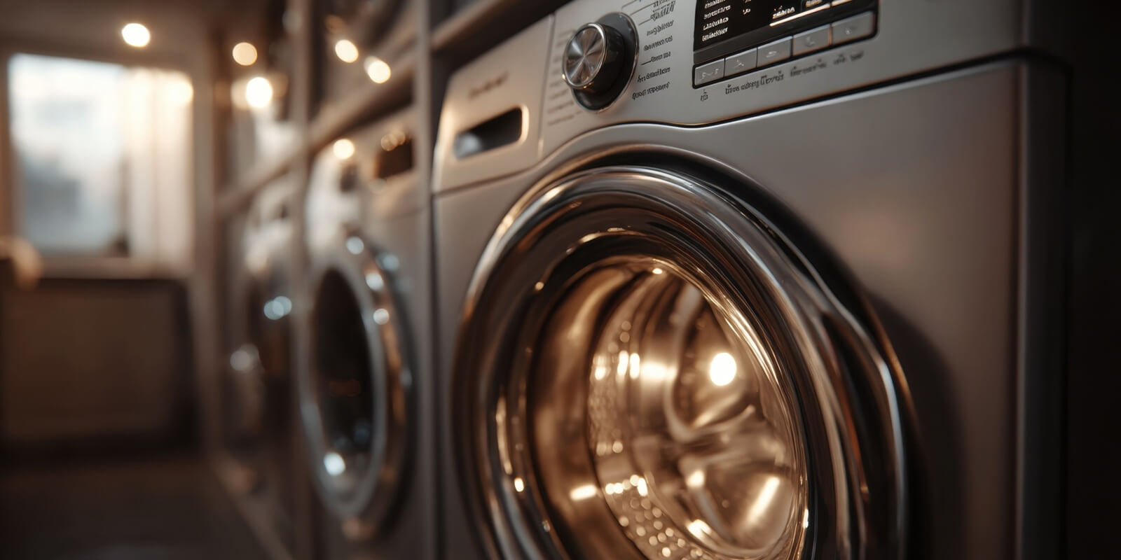row of modern front-load washers at laundromat that increase kwh usage