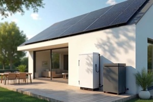 solar panel system with battery storage, inverter on house roof