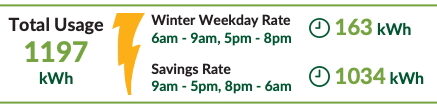Energy usage summary showing total usage of kWh. Winter weekday rate and savings rate are shown.