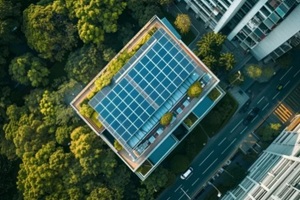 aerial view of an office building with solar panels on the rooftop