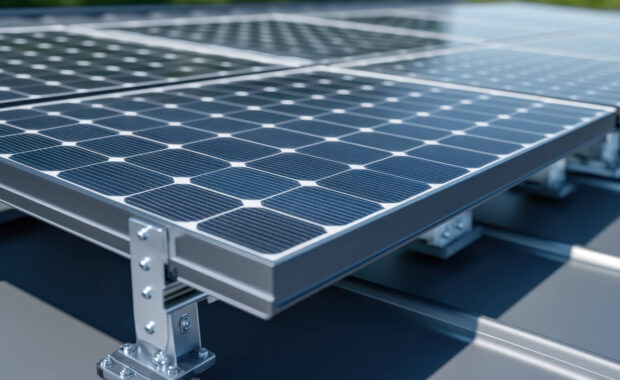 close-up of solar panels installed on a metal roof in Maryland