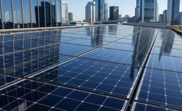 glossy rooftop solar panels on office commercial building with skyscrapers in background