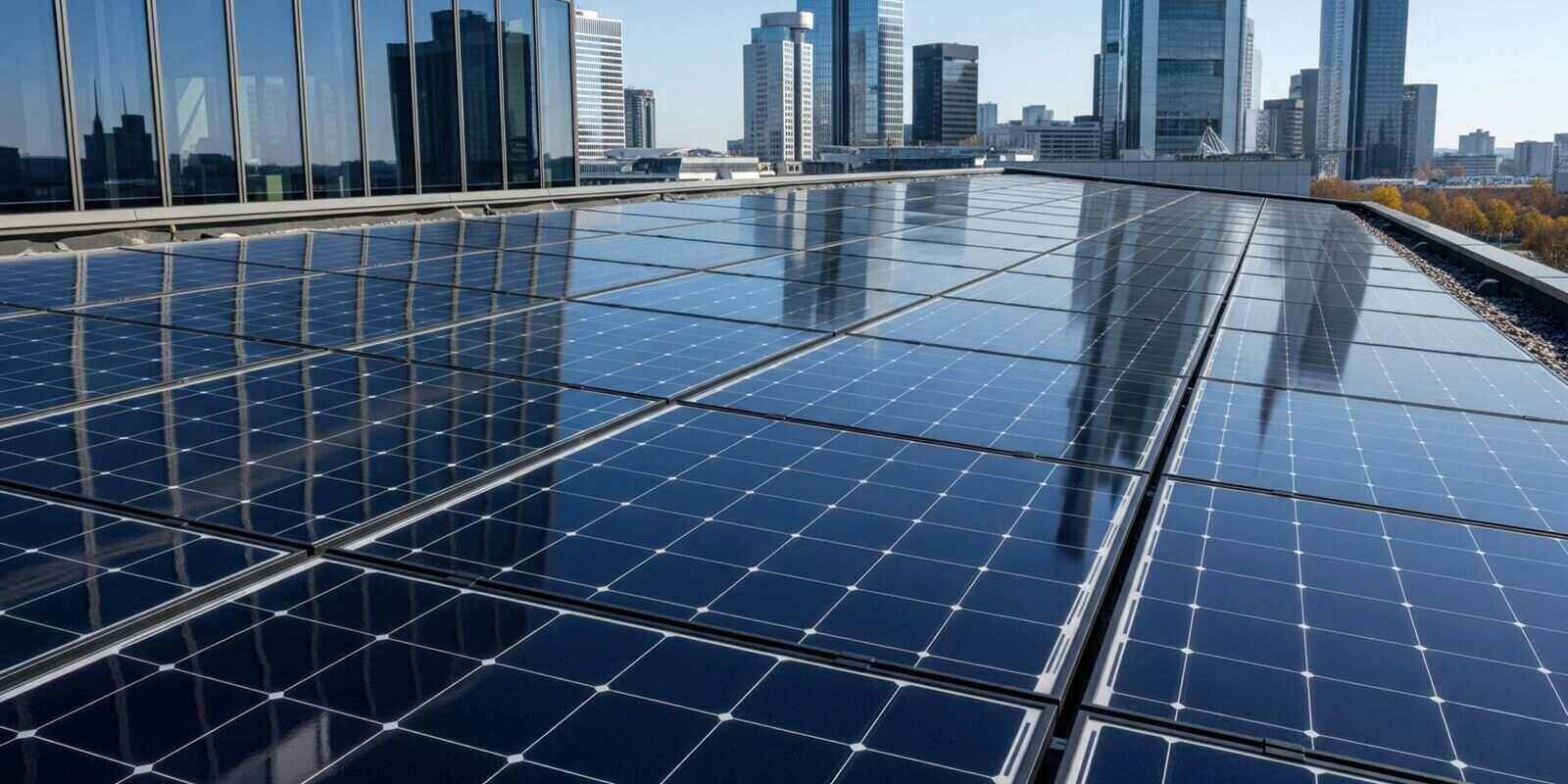 glossy rooftop solar panels on office commercial building with skyscrapers in background