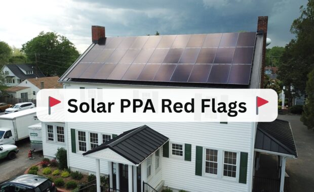 A white house with a large solar panel array on the roof. A title card over the image reads, 'Solar PPA Red Flags'.