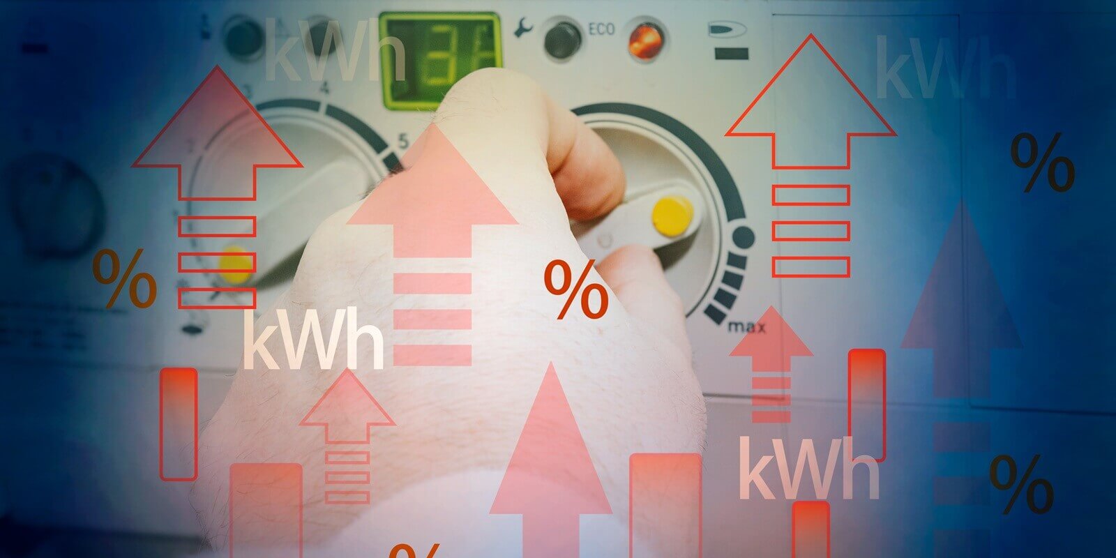 gas price increase concept with kWh symbols, red arrows and hand adjusting thermostat