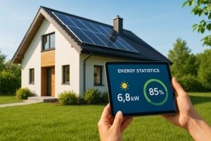 Hand Holding Tablet with Energy Data in Front of House with Solar Panels