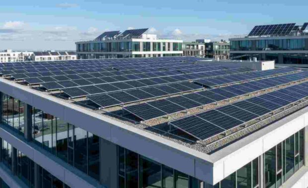 Solar Panels Installed on Modern Building Rooftop