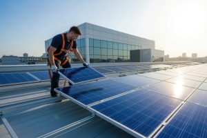 Worker Installing Blue Solar Cells on Maryland commercial Building Roof