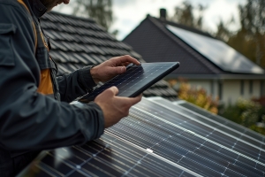 Solar Panel Worker Assessing Roof for Installation