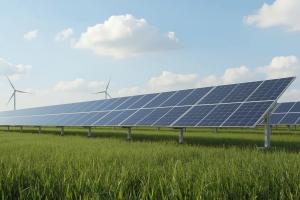 Solar Panels Installed in Large Green Agricultural Field
