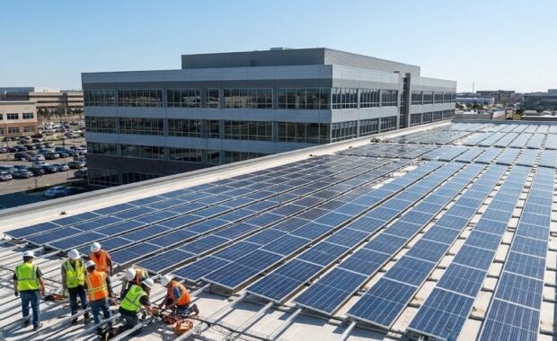 An infographic featuring a modern commercial building with a large rooftop solar array.