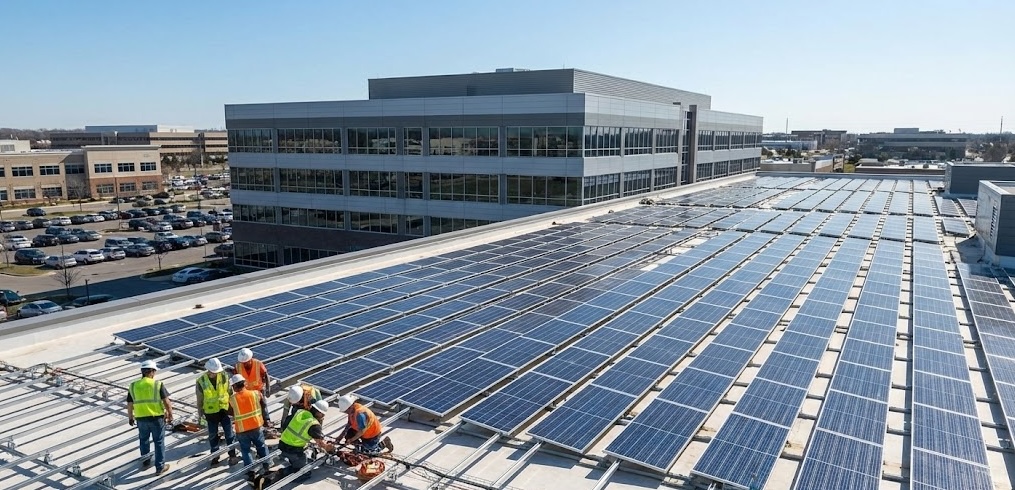 An infographic featuring a modern commercial building with a large rooftop solar array.
