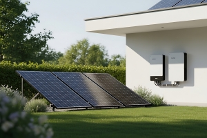 Outdoor Solar Panels and Battery System on A Modern Home in Maryland