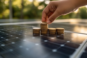 Hand Holding Coins Over Solar Panels Representing Cost Reduction