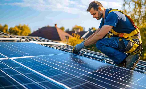 Professional Technician Installing Solar Panels on Industrial Building Rooftop