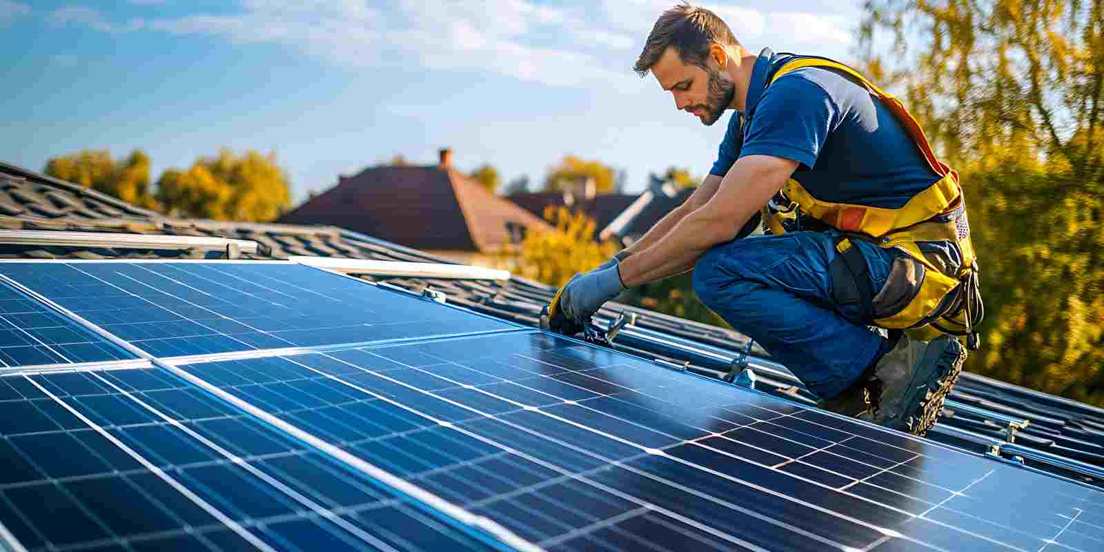 Professional Technician Installing Solar Panels on Industrial Building Rooftop