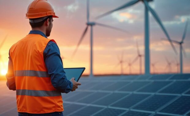 Engineer Using Tablet to Calculate Energy Production Through Solar Panels