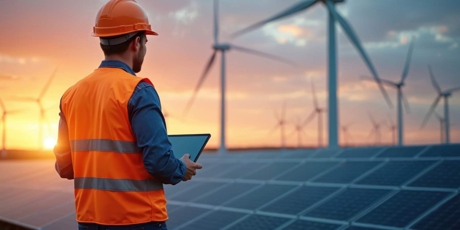 Engineer Using Tablet to Calculate Energy Production Through Solar Panels